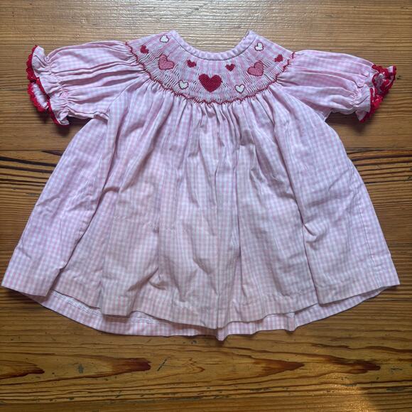Classic Whimsy pink checkered heart Valentine smocked short sleeve top SIZE 3T - Picture 1 of 4